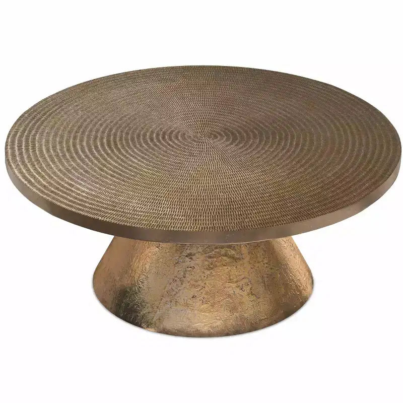 Table basse contemporaine ronde Alyssa de 36 pouces de large en fonte d'aluminium laiton vieilli, entièrement assemblée