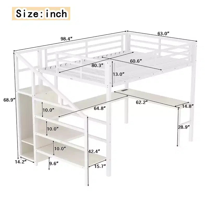 Lit mezzanine Bellemave Queen avec LED, bureau en L et port USB, lit mezzanine en métal avec armoire et étagère réglable pour enfants, adolescents et adultes