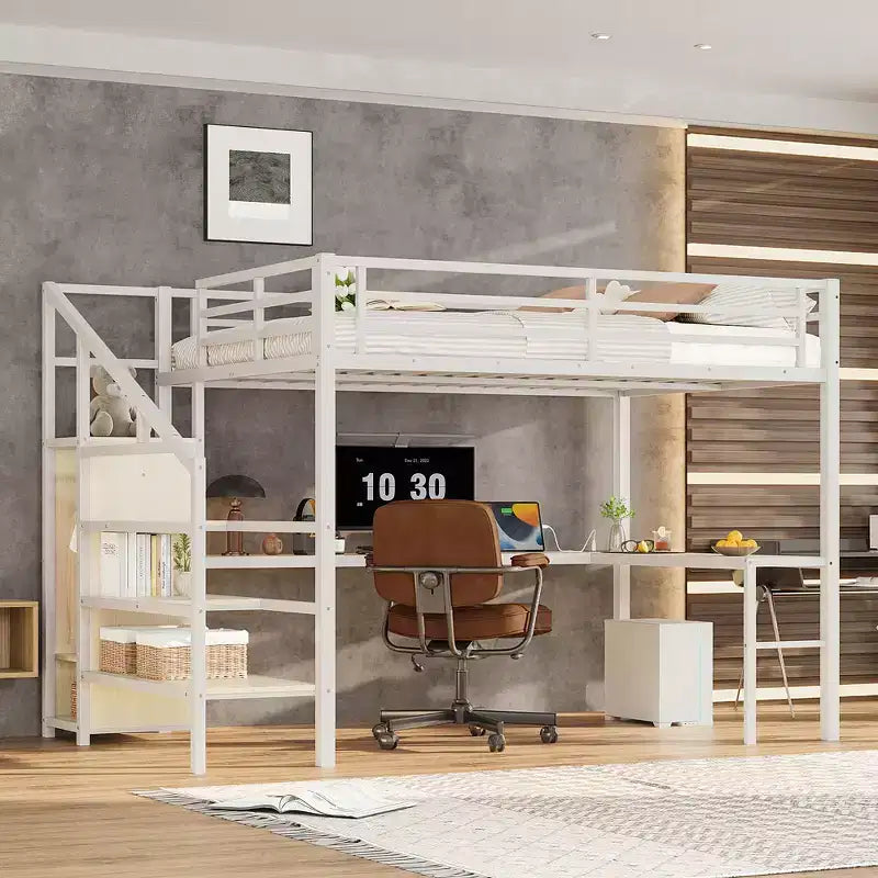 Lit mezzanine Bellemave Queen avec LED, bureau en L et port USB, lit mezzanine en métal avec armoire et étagère réglable pour enfants, adolescents et adultes