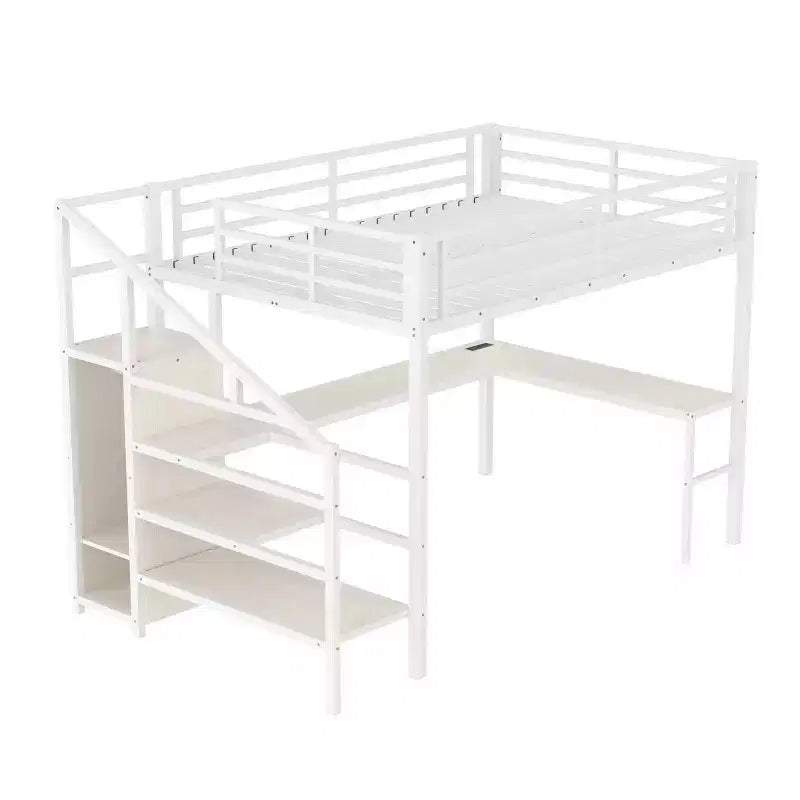 Lit mezzanine Bellemave Queen avec LED, bureau en L et port USB, lit mezzanine en métal avec armoire et étagère réglable pour enfants, adolescents et adultes