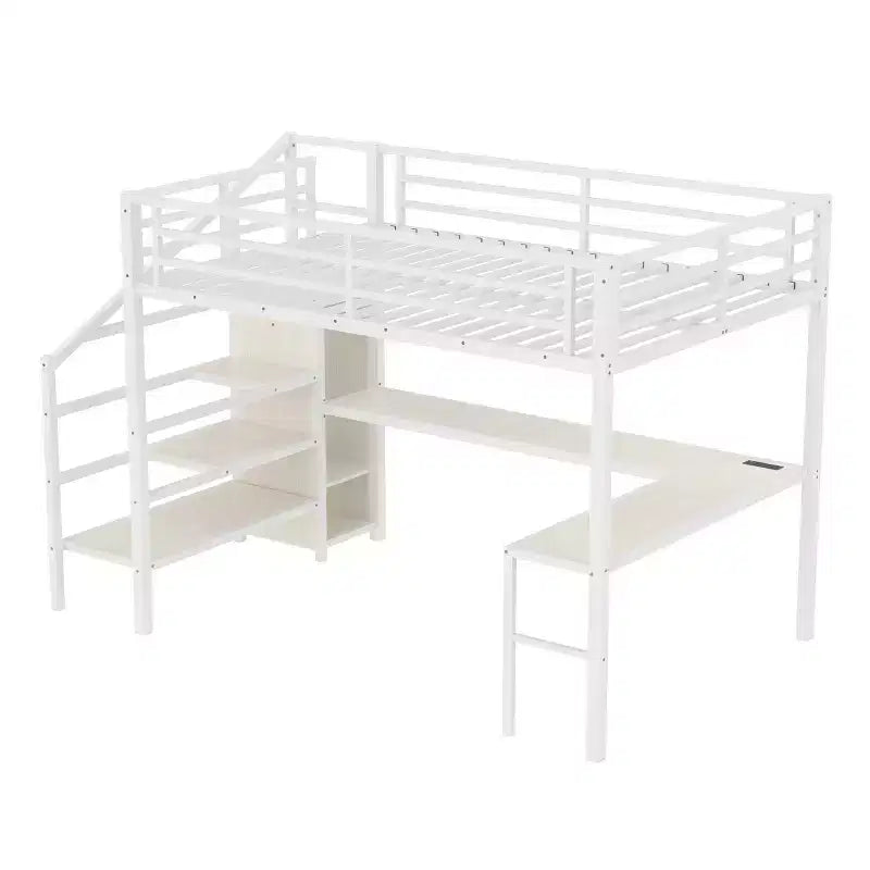 Lit mezzanine Bellemave Queen avec LED, bureau en L et port USB, lit mezzanine en métal avec armoire et étagère réglable pour enfants, adolescents et adultes