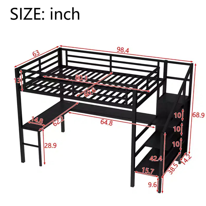 Lit mezzanine Bellemave Queen avec LED, bureau en L et port USB, lit mezzanine en métal avec armoire et étagère réglable pour enfants, adolescents et adultes