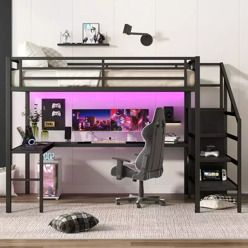 Lit mezzanine Bellemave Queen avec LED, bureau en L et port USB, lit mezzanine en métal avec armoire et étagère réglable pour enfants, adolescents et adultes