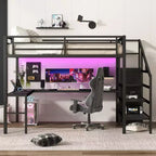 Lit mezzanine Bellemave Queen avec LED, bureau en L et port USB, lit mezzanine en métal avec armoire et étagère réglable pour enfants, adolescents et adultes