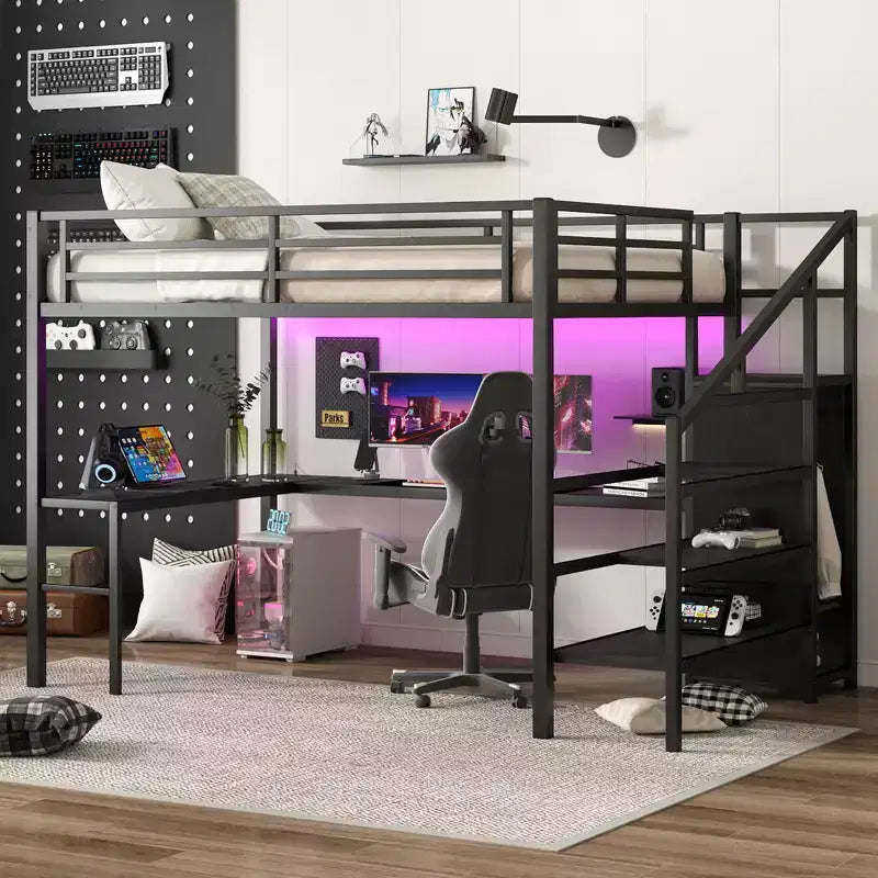 Lit mezzanine Bellemave Queen avec LED, bureau en L et port USB, lit mezzanine en métal avec armoire et étagère réglable pour enfants, adolescents et adultes