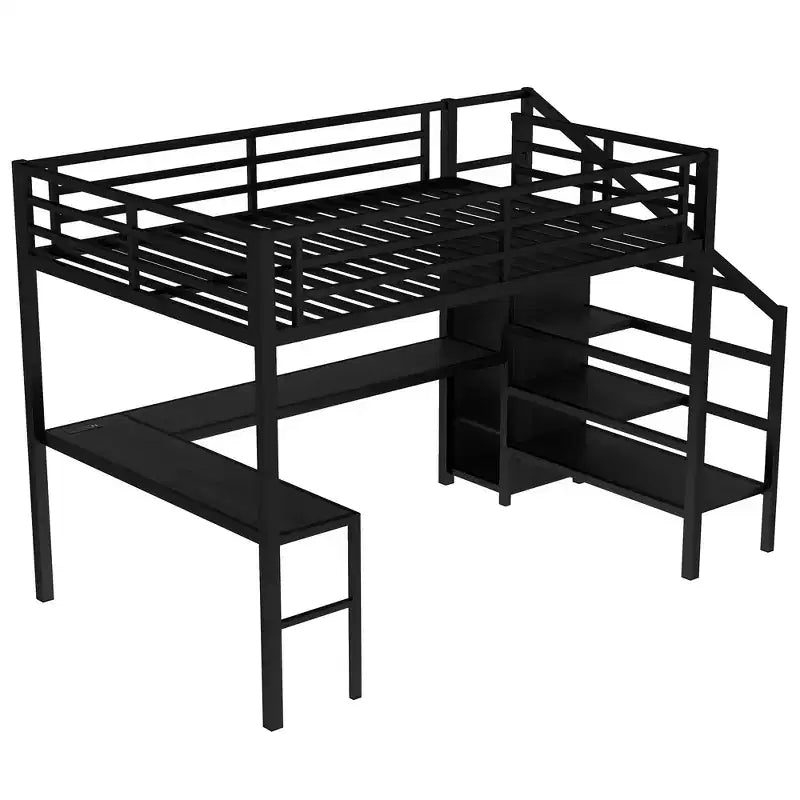 Lit mezzanine Bellemave Queen avec LED, bureau en L et port USB, lit mezzanine en métal avec armoire et étagère réglable pour enfants, adolescents et adultes