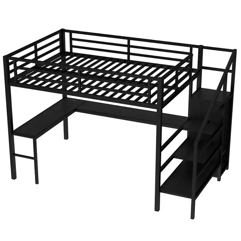 Lit mezzanine Bellemave Queen avec LED, bureau en L et port USB, lit mezzanine en métal avec armoire et étagère réglable pour enfants, adolescents et adultes