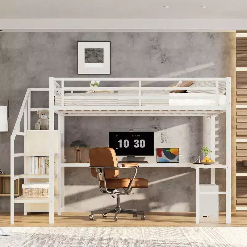 Lit mezzanine Bellemave Queen avec LED, bureau en L et port USB, lit mezzanine en métal avec armoire et étagère réglable pour enfants, adolescents et adultes