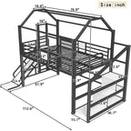 Lit mezzanine Bellemave House avec toboggan et escalier de rangement, Cadre de lit mezzanine maison en métal pour enfants et adolescents