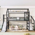 Lit mezzanine Bellemave House avec toboggan et escalier de rangement, Cadre de lit mezzanine maison en métal pour enfants et adolescents
