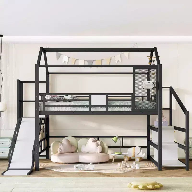 Lit mezzanine Bellemave House avec toboggan et escalier de rangement, Cadre de lit mezzanine maison en métal pour enfants et adolescents