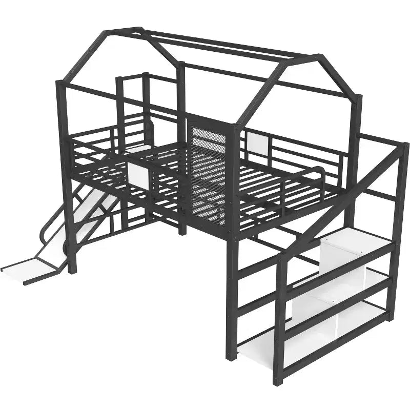 Lit mezzanine Bellemave House avec toboggan et escalier de rangement, Cadre de lit mezzanine maison en métal pour enfants et adolescents