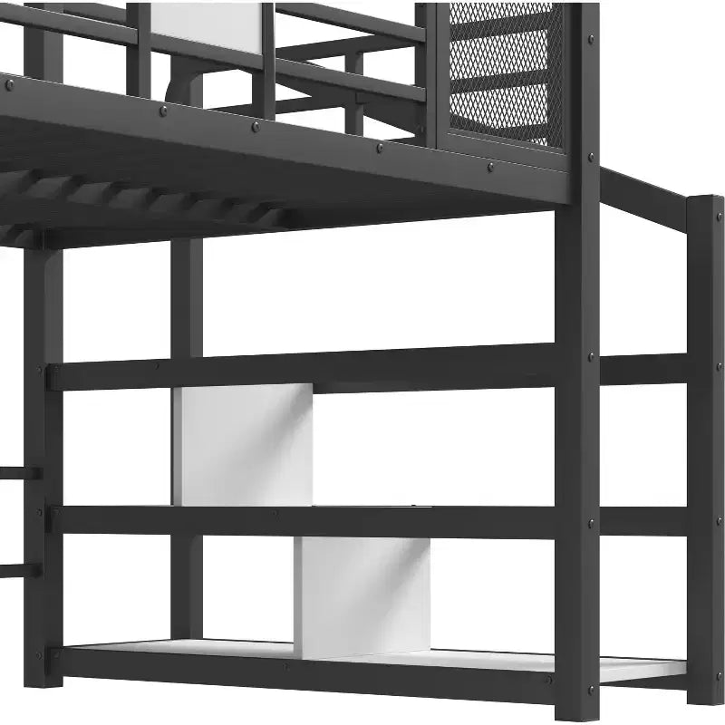 Lit mezzanine Bellemave House avec toboggan et escalier de rangement, Cadre de lit mezzanine maison en métal pour enfants et adolescents