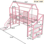 Lit mezzanine Bellemave House avec toboggan et escalier de rangement, Cadre de lit mezzanine maison en métal pour enfants et adolescents