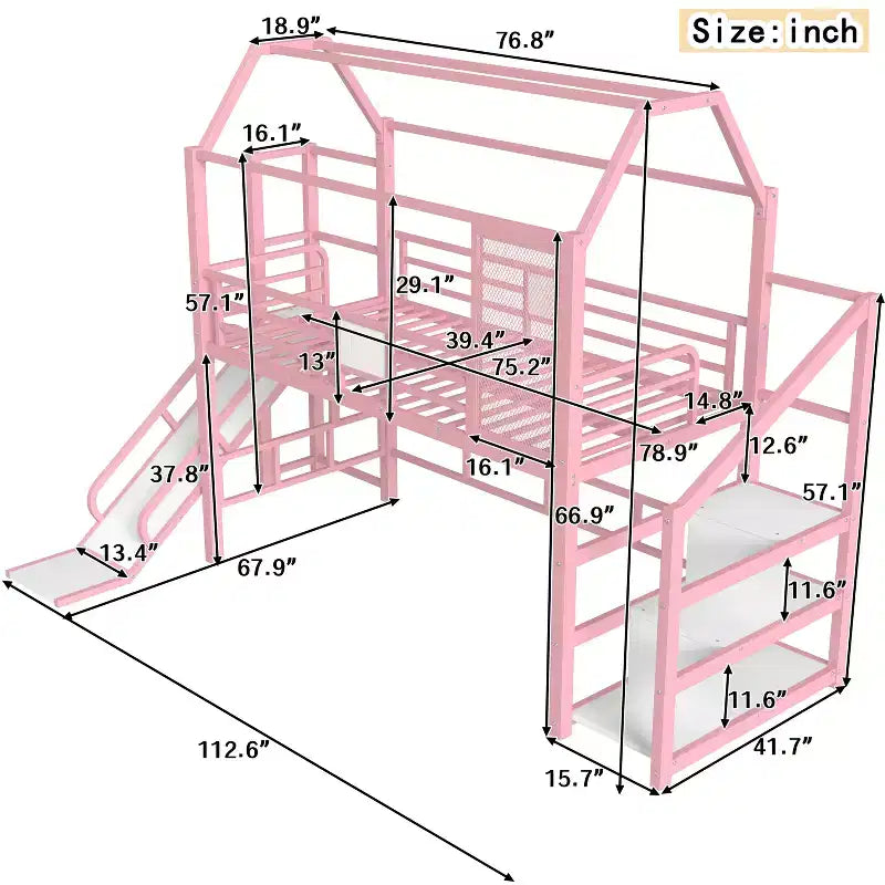 Lit mezzanine Bellemave House avec toboggan et escalier de rangement, Cadre de lit mezzanine maison en métal pour enfants et adolescents