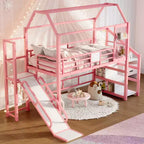Lit mezzanine Bellemave House avec toboggan et escalier de rangement, Cadre de lit mezzanine maison en métal pour enfants et adolescents