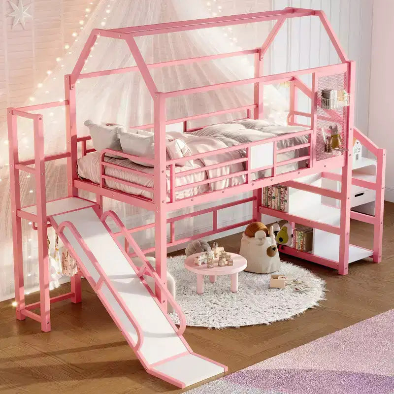 Lit mezzanine Bellemave House avec toboggan et escalier de rangement, Cadre de lit mezzanine maison en métal pour enfants et adolescents