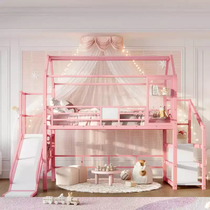 Lit mezzanine Bellemave House avec toboggan et escalier de rangement, Cadre de lit mezzanine maison en métal pour enfants et adolescents