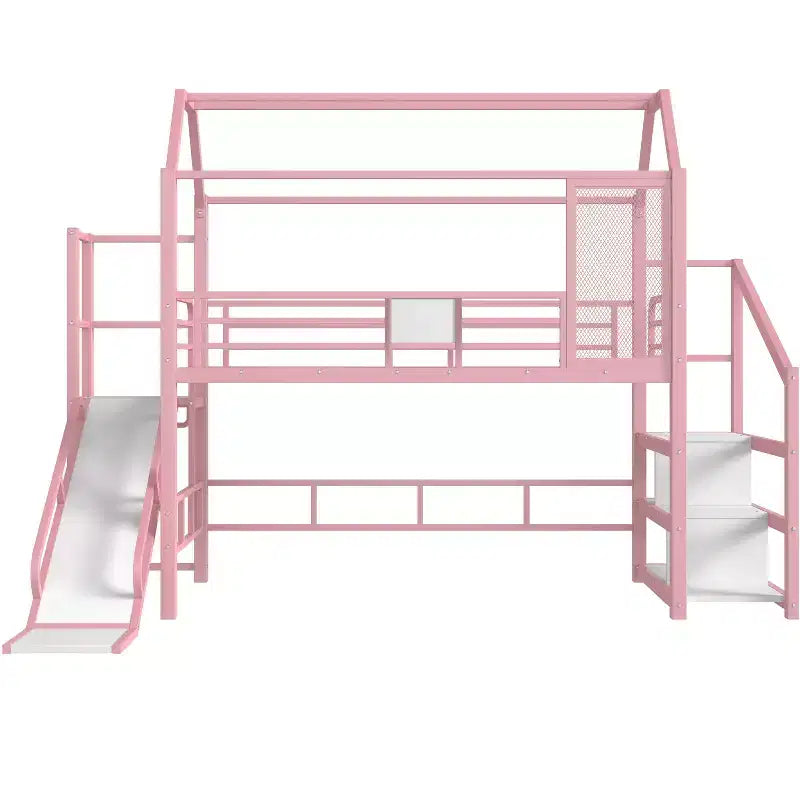 Lit mezzanine Bellemave House avec toboggan et escalier de rangement, Cadre de lit mezzanine maison en métal pour enfants et adolescents