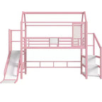 Lit mezzanine Bellemave House avec toboggan et escalier de rangement, Cadre de lit mezzanine maison en métal pour enfants et adolescents