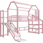 Lit mezzanine Bellemave House avec toboggan et escalier de rangement, Cadre de lit mezzanine maison en métal pour enfants et adolescents