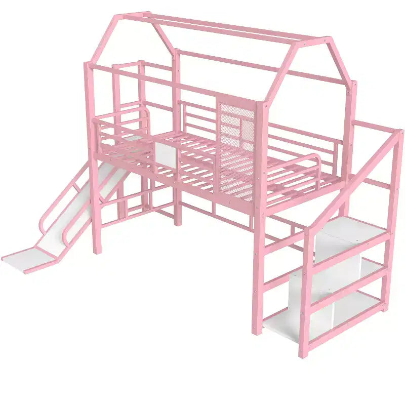 Lit mezzanine Bellemave House avec toboggan et escalier de rangement, Cadre de lit mezzanine maison en métal pour enfants et adolescents