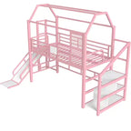 Lit mezzanine Bellemave House avec toboggan et escalier de rangement, Cadre de lit mezzanine maison en métal pour enfants et adolescents