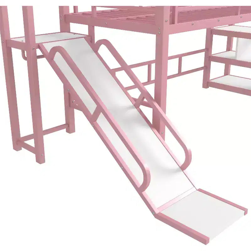Lit mezzanine Bellemave House avec toboggan et escalier de rangement, Cadre de lit mezzanine maison en métal pour enfants et adolescents