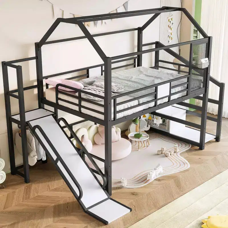 Lit mezzanine Bellemave House avec toboggan et escalier de rangement, Cadre de lit mezzanine maison en métal pour enfants et adolescents