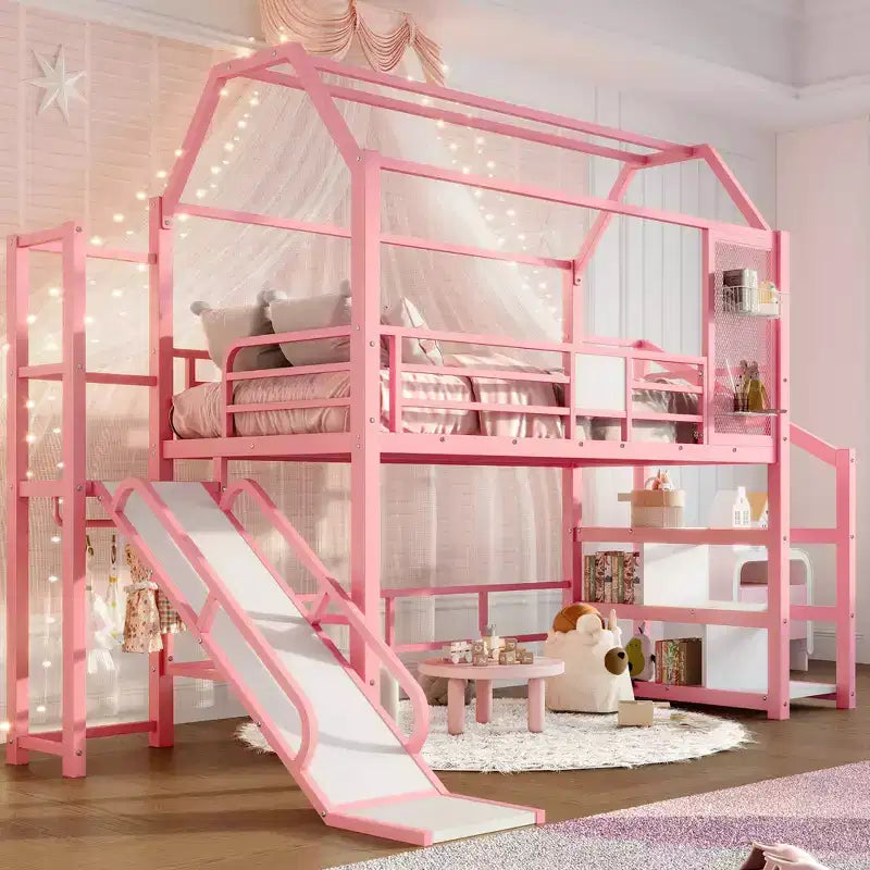 Bellemave House Loft Bed with Slide and Storage Stairs,Metal House Loft Bed Frame for Kids and Teens