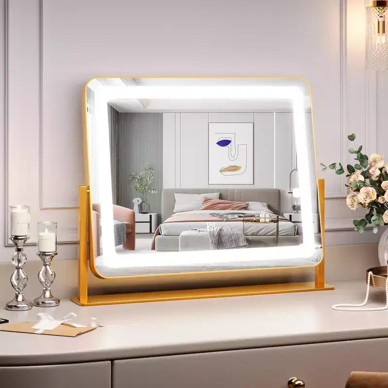 Miroir de courtoisie rond doré 19,6x15,7, rotation à 360° pour chambre/coiffeuse