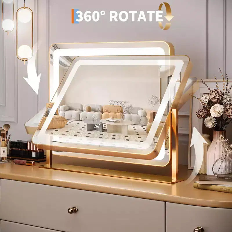 Miroir de courtoisie rond doré 19,6x15,7, rotation à 360° pour chambre/coiffeuse
