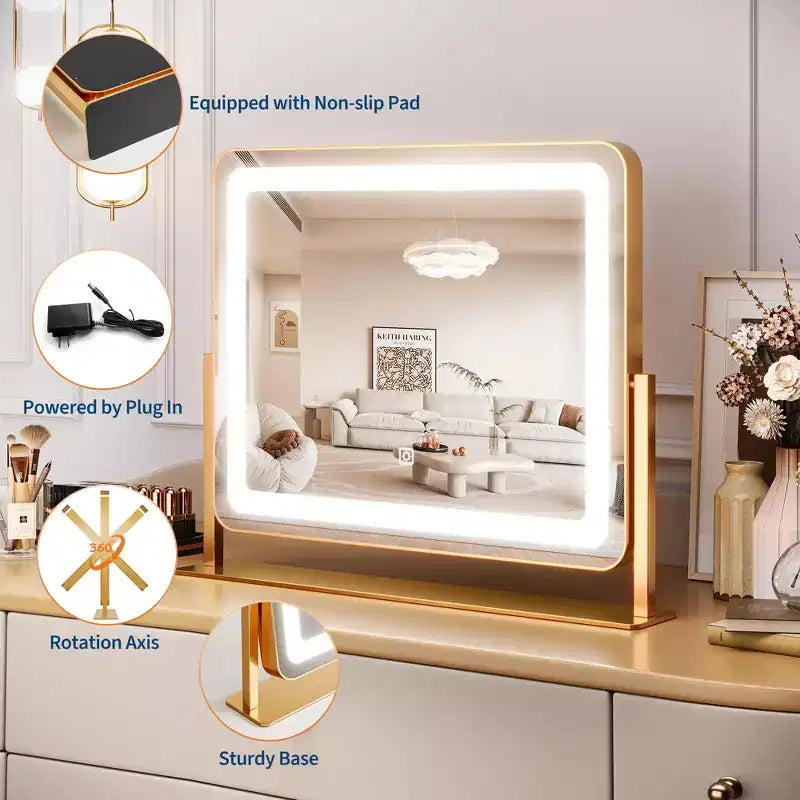 Miroir de courtoisie rond doré 19,6x15,7, rotation à 360° pour chambre/coiffeuse