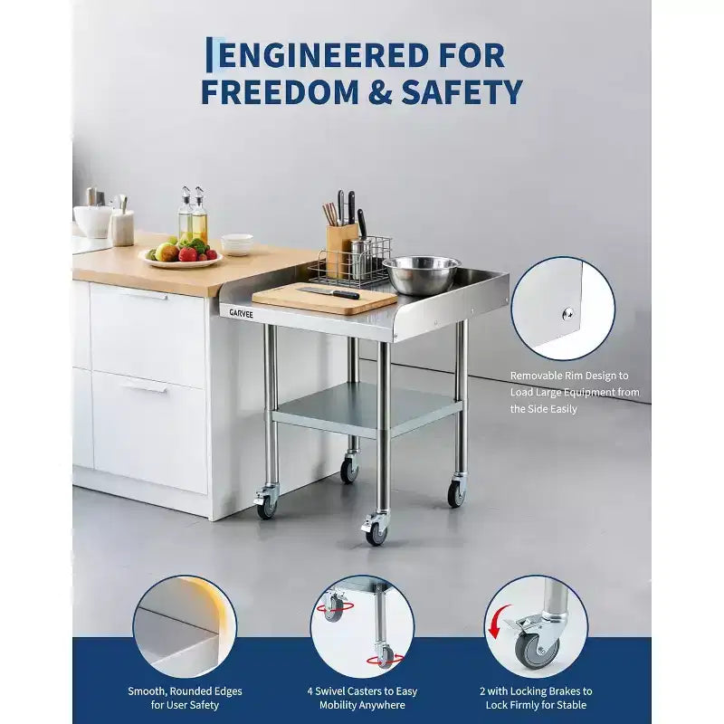 Table de préparation et de travail en acier inoxydable avec roulettes, table de cuisine commerciale en métal robuste avec étagère inférieure réglable pour restaurant
