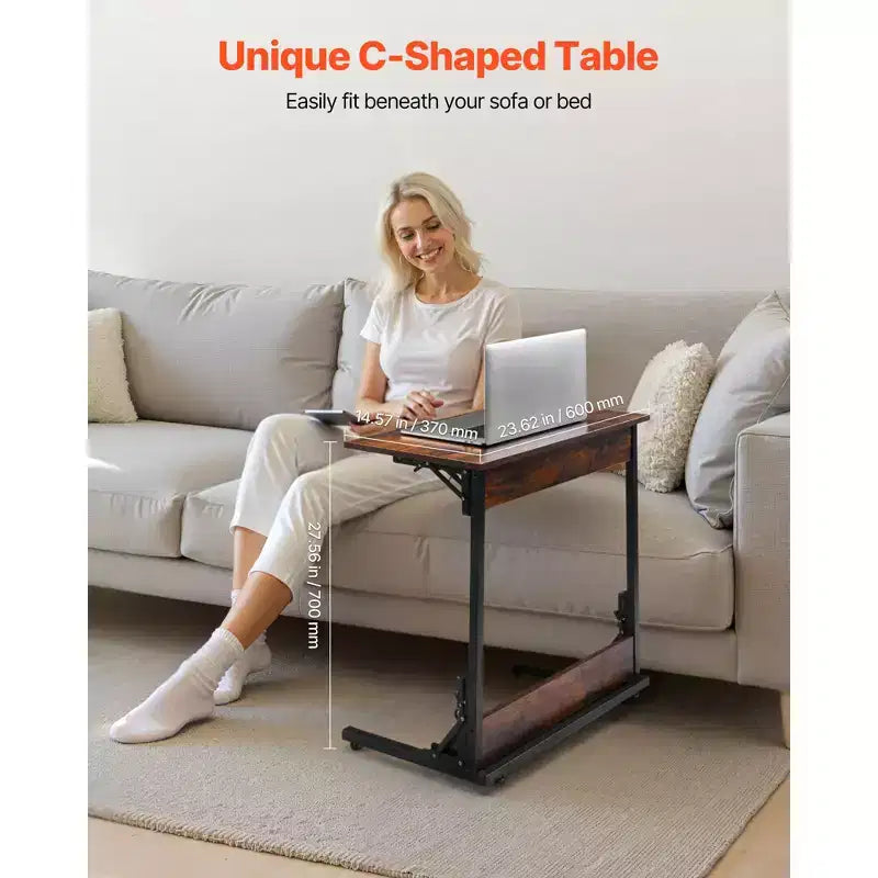 Table d'appoint en C VEVOR, Table d'appoint pliable en forme de C avec cadre en métal et pieds réglables, Table d'appoint pliable en forme de C pour salon, chambre, bureau, marron+noir