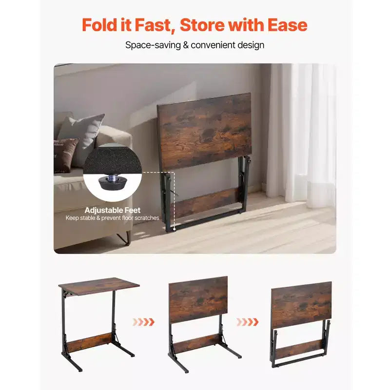 Table d'appoint en C VEVOR, Table d'appoint pliable en forme de C avec cadre en métal et pieds réglables, Table d'appoint pliable en forme de C pour salon, chambre, bureau, marron+noir