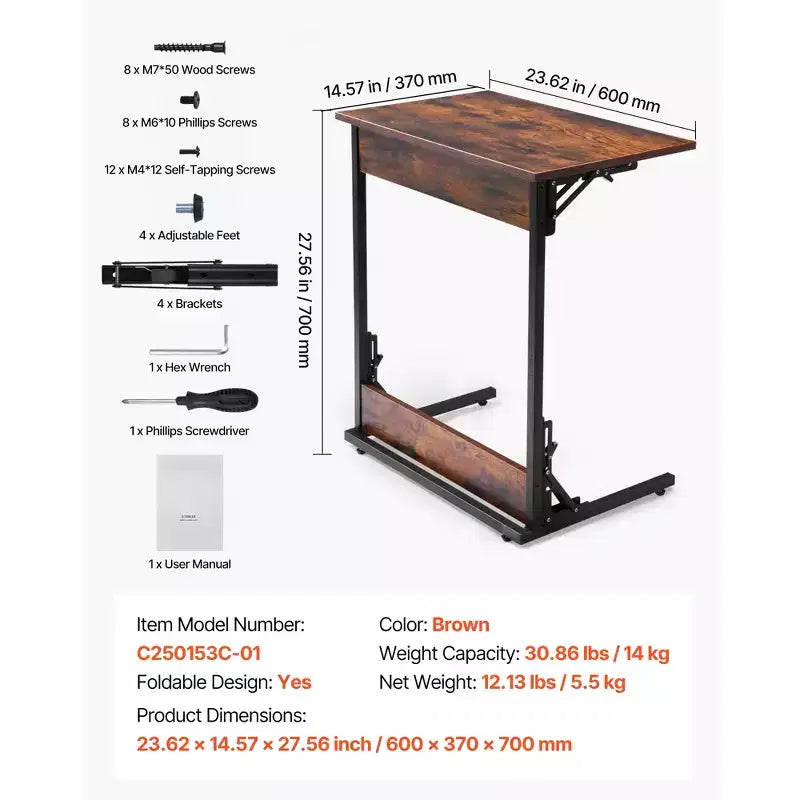 Table d'appoint en C VEVOR, Table d'appoint pliable en forme de C avec cadre en métal et pieds réglables, Table d'appoint pliable en forme de C pour salon, chambre, bureau, marron+noir