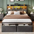 Queen Size Upholstered Bed Frame with LED Lights Charging Station Storage Drawers Headboard Shelf Heavy Duty Metal Platform No Box Spring Needed