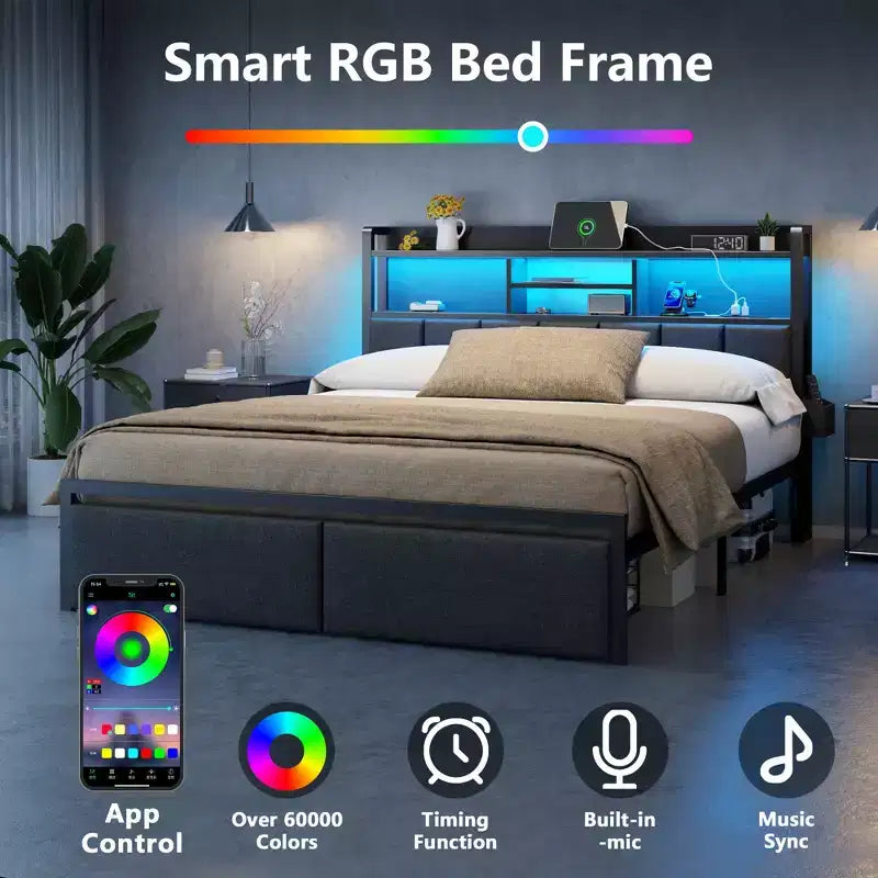 Cadre de Lit Rembourré Grand Lit avec Lumières LED Station de Recharge Tiroirs de Rangement Étagère de Tête de Lit Plateforme en Métal Robuste Aucun Sommier Tapissier Requis
