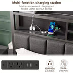 Cadre de Lit Rembourré Grand Lit avec Lumières LED Station de Recharge Tiroirs de Rangement Étagère de Tête de Lit Plateforme en Métal Robuste Aucun Sommier Tapissier Requis