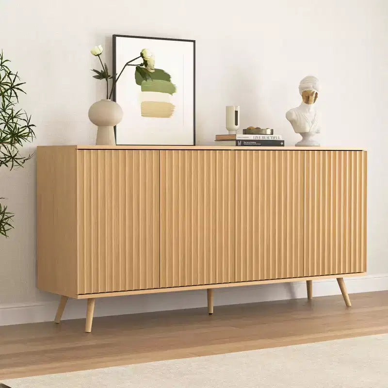 JVNOXK Buffet moderne 4 portes en bois Étagères réglables Espace de rangement étendu Convient aux salons et cuisines Naturel