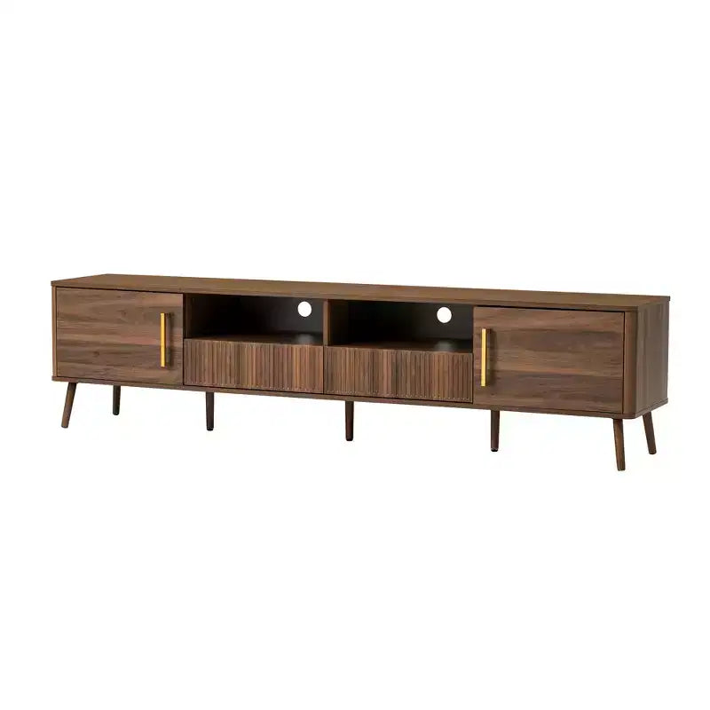 Meuble TV de 78 po pour téléviseurs jusqu'à 85 po, Console TV Moderne, Console Multimédia Canelée, Meuble TV Noyer, Centre de Divertissement Multimédia avec Porte à Fermeture Douce - ModernLuxe
