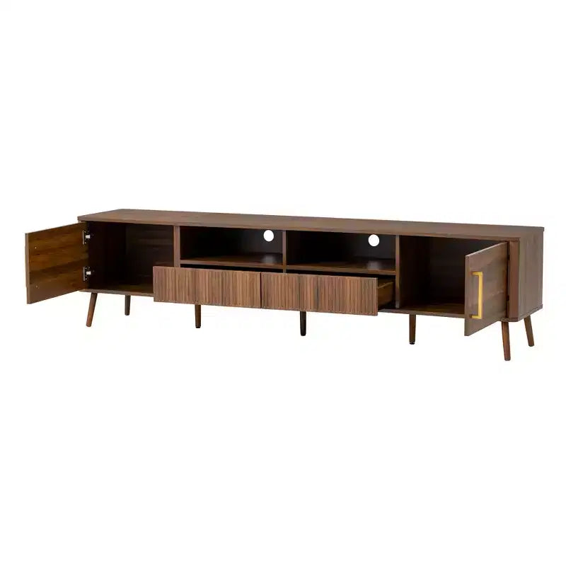 Meuble TV de 78 po pour téléviseurs jusqu'à 85 po, Console TV Moderne, Console Multimédia Canelée, Meuble TV Noyer, Centre de Divertissement Multimédia avec Porte à Fermeture Douce - ModernLuxe