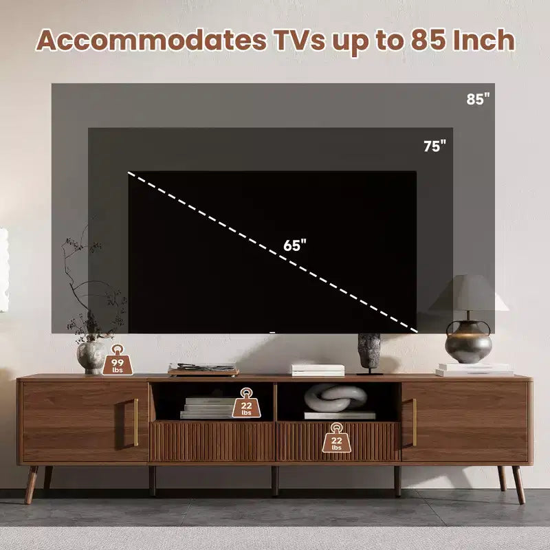 Meuble TV de 78 po pour téléviseurs jusqu'à 85 po, Console TV Moderne, Console Multimédia Canelée, Meuble TV Noyer, Centre de Divertissement Multimédia avec Porte à Fermeture Douce - ModernLuxe