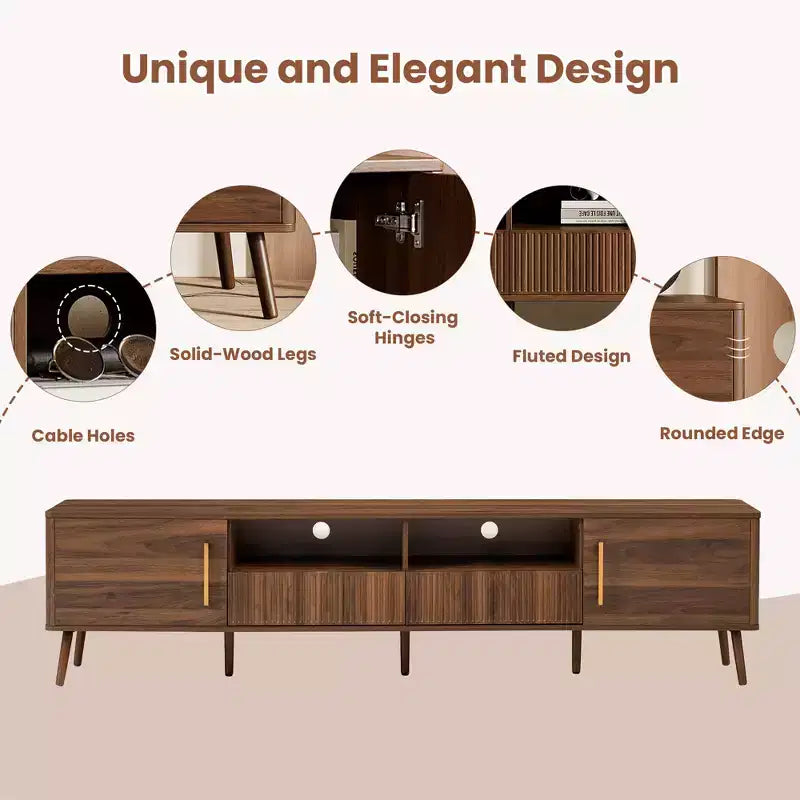 Meuble TV de 78 po pour téléviseurs jusqu'à 85 po, Console TV Moderne, Console Multimédia Canelée, Meuble TV Noyer, Centre de Divertissement Multimédia avec Porte à Fermeture Douce - ModernLuxe