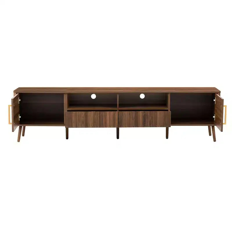 Meuble TV de 78 po pour téléviseurs jusqu'à 85 po, Console TV Moderne, Console Multimédia Canelée, Meuble TV Noyer, Centre de Divertissement Multimédia avec Porte à Fermeture Douce - ModernLuxe