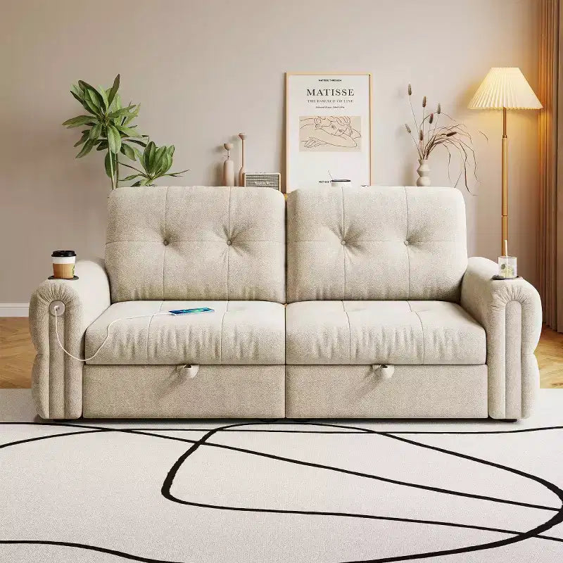 Modern 2-in-1 Convertible Sleeper Sofa Bed with Fold-Down Backrest, Soft Flannelette Pull-Out Sofa for Living Room or Guest Room-Panipeachy