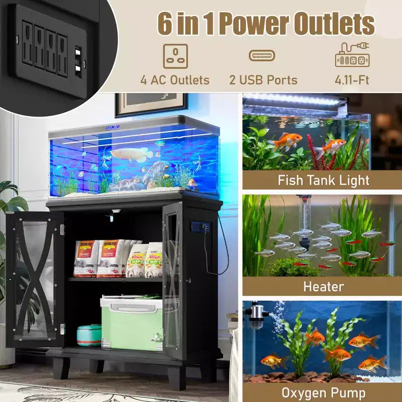 Meuble d'aquarium en bois GDFStudio Fanny Farmhouse avec prises électriques et étagères réglables