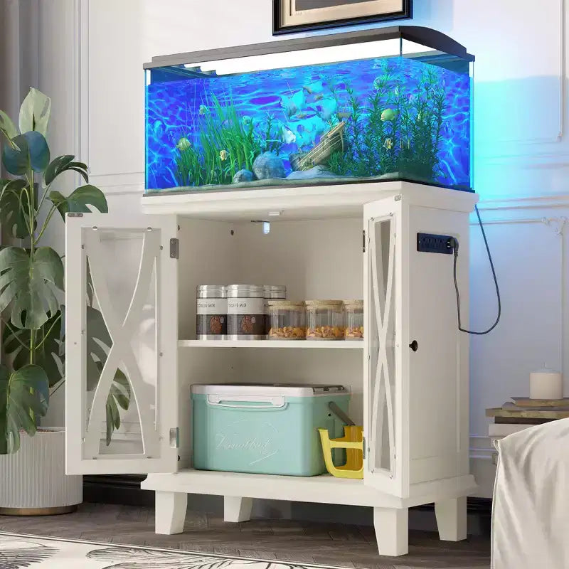 Meuble d'aquarium en bois GDFStudio Fanny Farmhouse avec prises électriques et étagères réglables