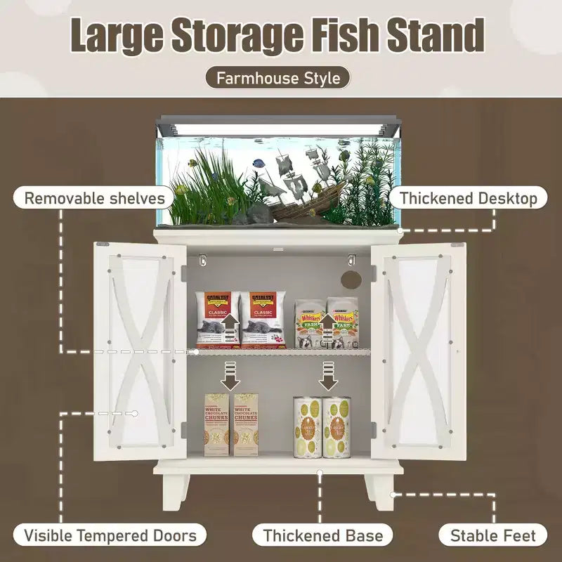 Meuble d'aquarium en bois GDFStudio Fanny Farmhouse avec prises électriques et étagères réglables